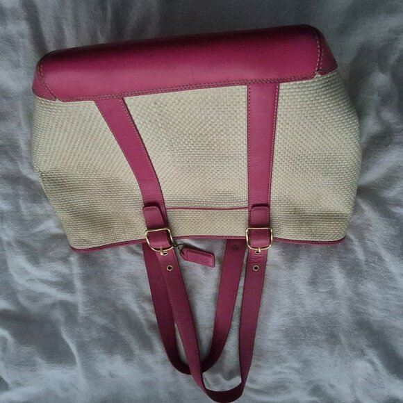 Coach Leather Ivory Straw & Pink Leather Tote ww/ Dustbag - Picture 1 of 5